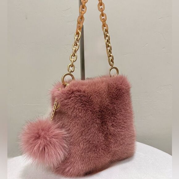 Dusty Rose Premium Real Fox Fur Wristlet/Phone Pouch/Crossbody & Fur Ball Charm - Picture 3 of 14